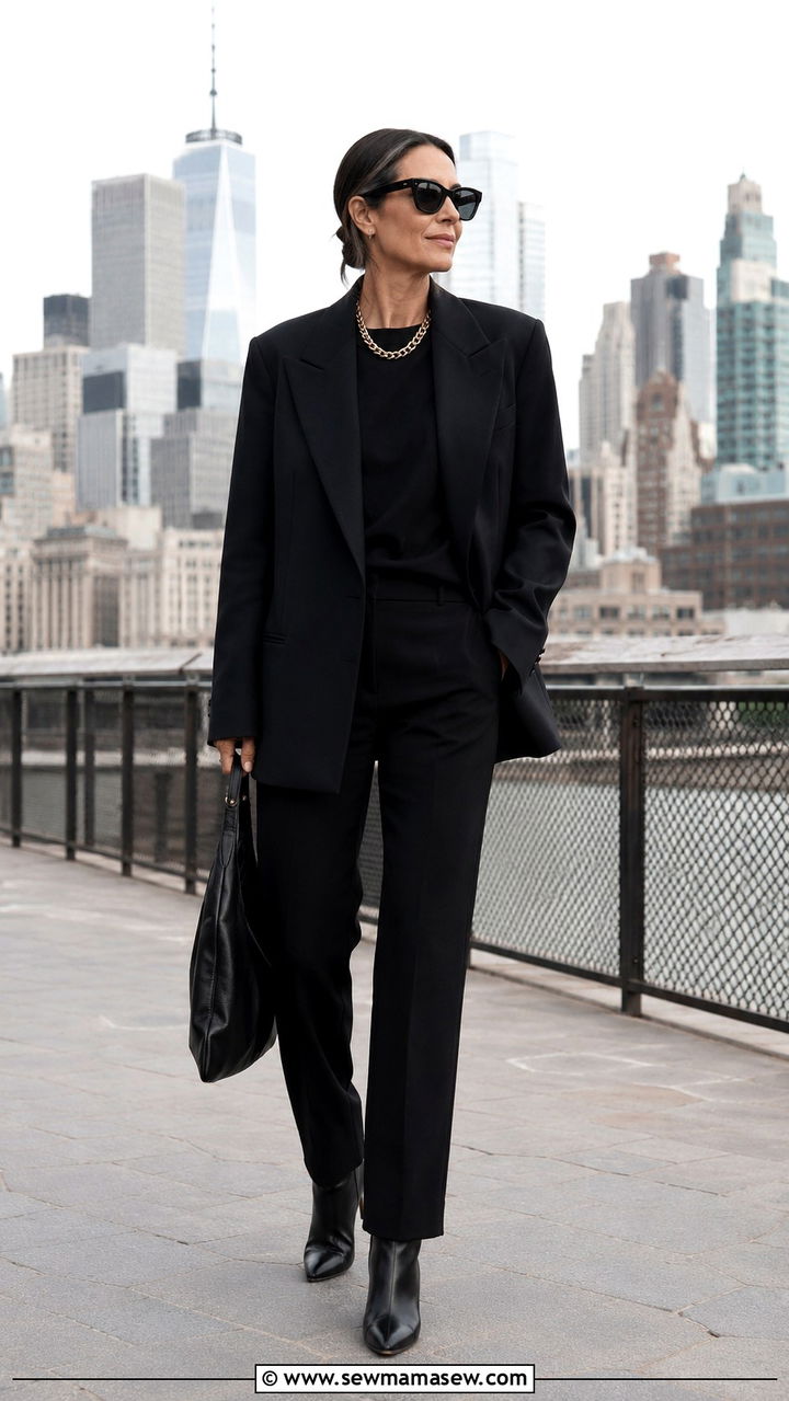 All black outfit with oversized blazer and gold accents - 25 model off duty outfit ideas for women over 40