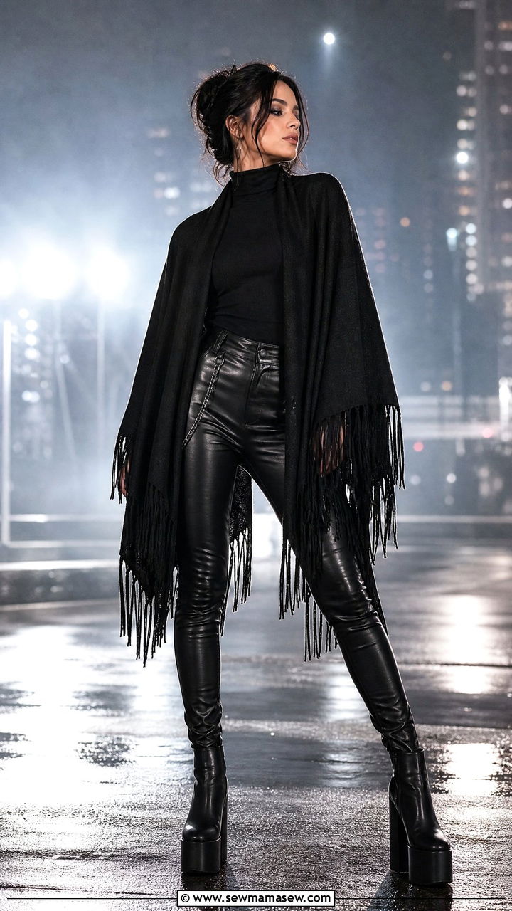 All black poncho with leather pants and platform boots - 25 How to style a poncho
