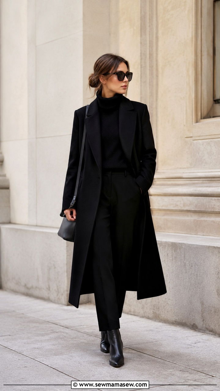 All black quiet luxury outfit with wool coat - 25 Quiet luxury on a budget outfit ideas