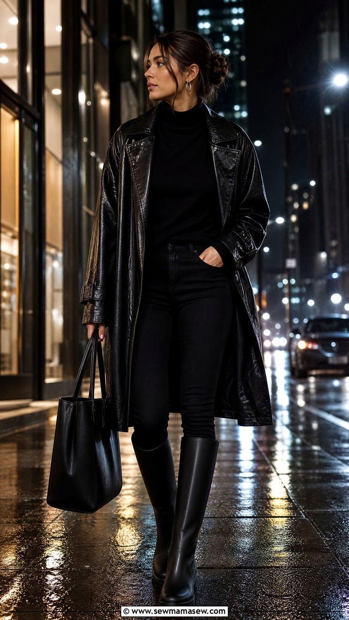 All black rain ready outfit with black boots - 30 Cozy rainy day outfit ideas