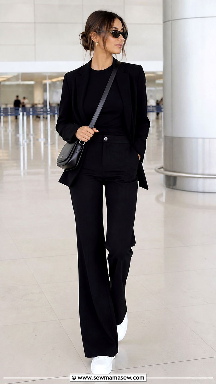 All black soft flare trousers with fitted tee and tailored blazer - 40 travel outfits