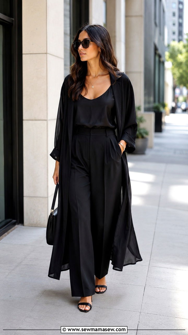 All black spring outfit with lightweight fabrics - 30 Spring outfits to hide belly fat