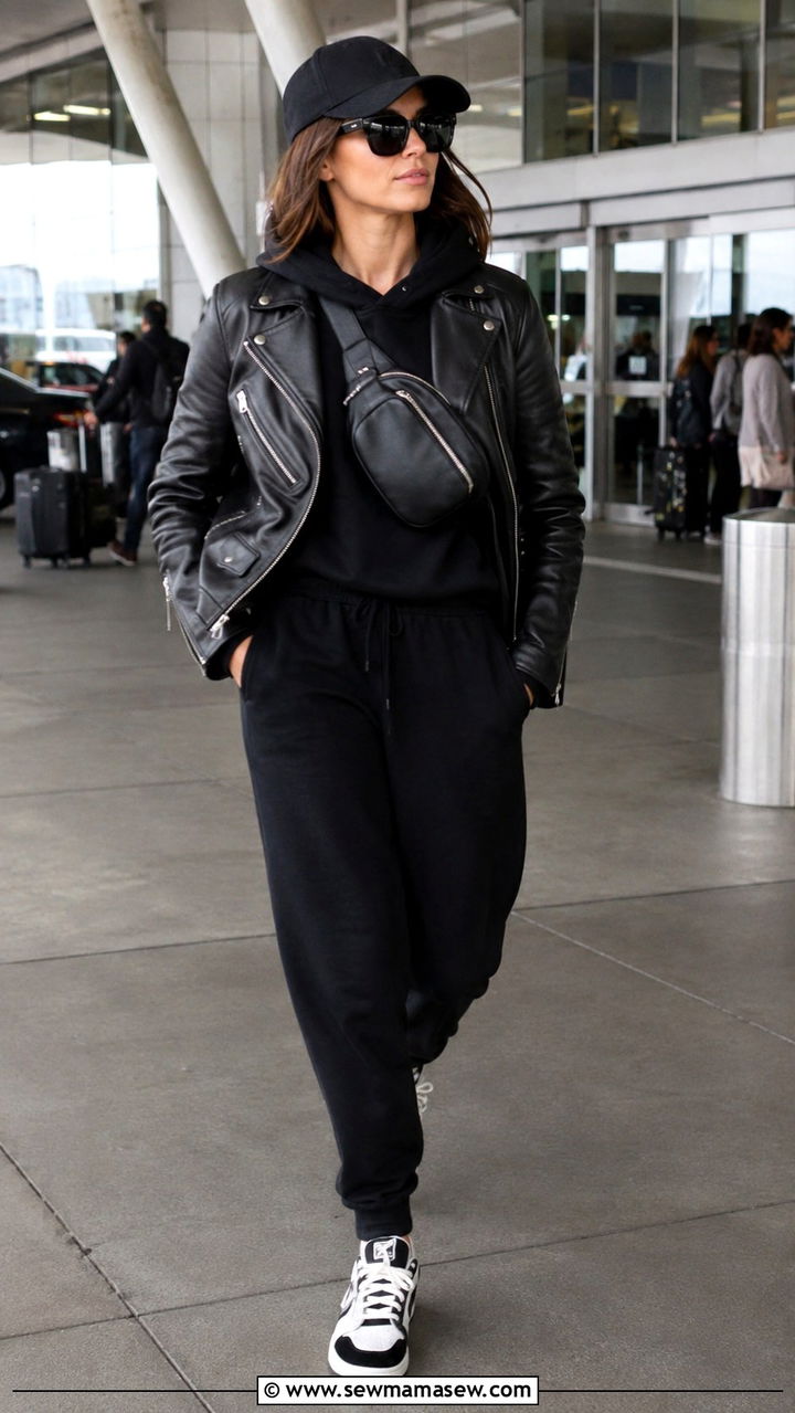 All black sweatsuit leather jacket airport outfit - 30 LAX airport outfit ideas