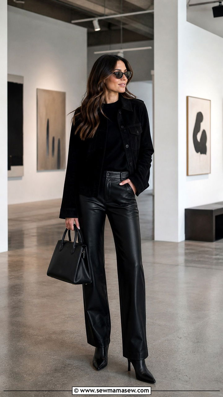 All black textured outfit with heeled boots - 20 20 year reunion outfit ideas
