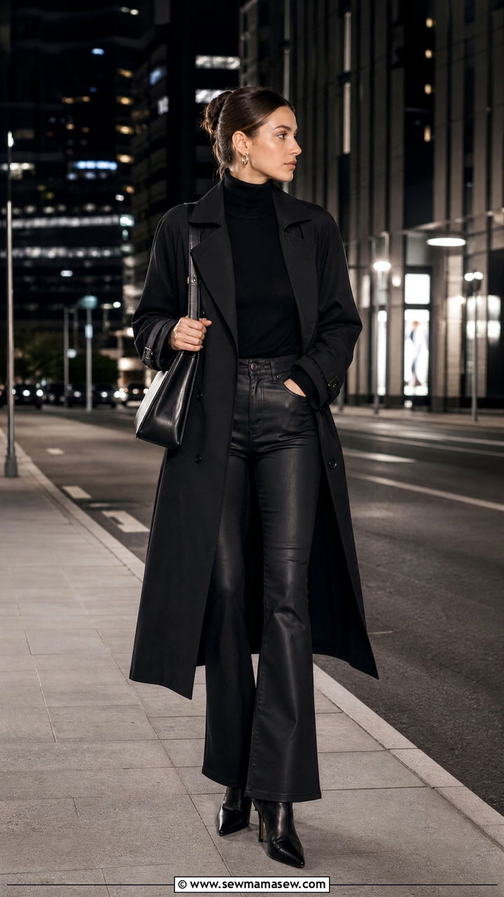All black trench coat and black flare jeans monochrome outfit - 30 Flare jeans outfit ideas with a trench coat