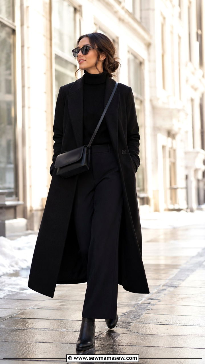 All black turtleneck with wide leg trousers and long wool coat - 30 Business travel capsule wardrobe