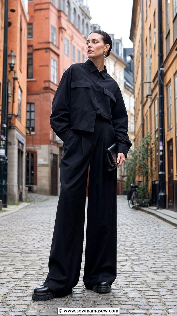 All black wide leg trouser outfit - 25 Stockholm outfit ideas