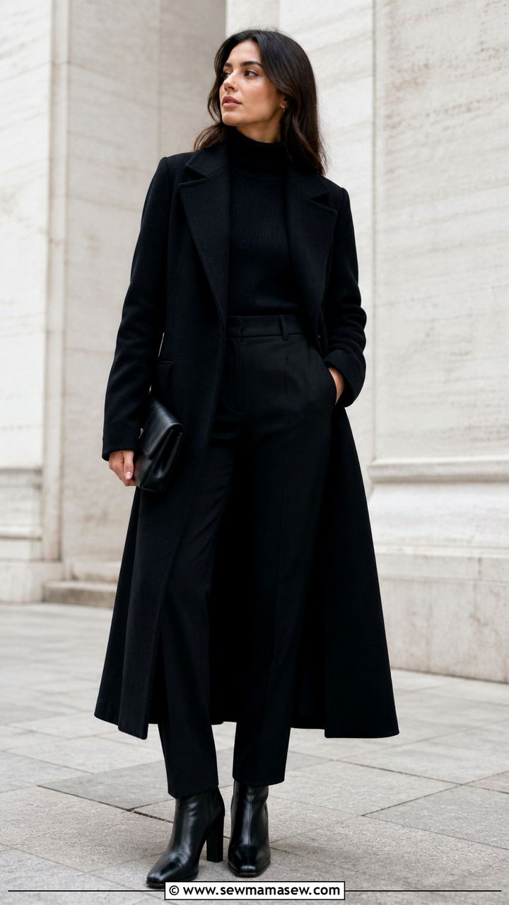 All black winter concert outfit with long wool coat - 40 concert outfits