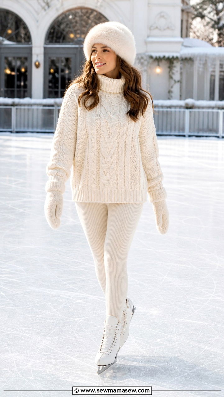 All cream cable knit sweater leggings and angora hat skating look - 40 Ice skating outfit ideas