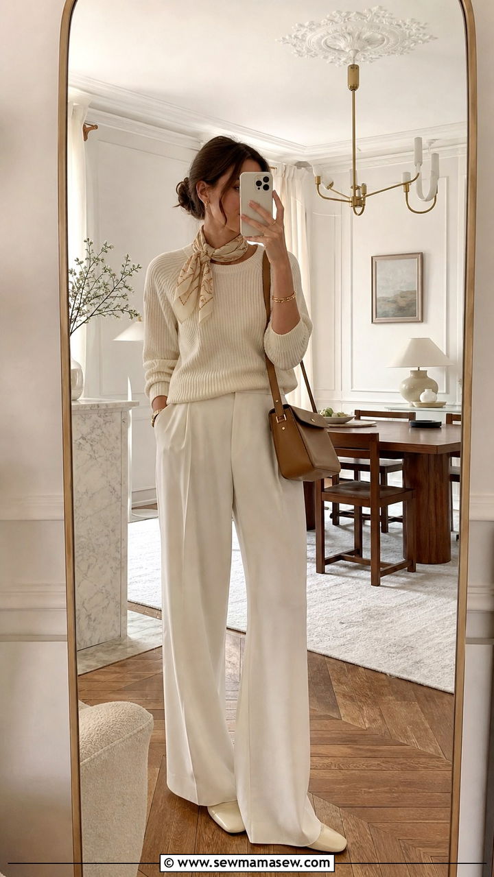 All cream monochrome outfit with knit sweater and wide leg trousers outfit - 40 light academia outfits