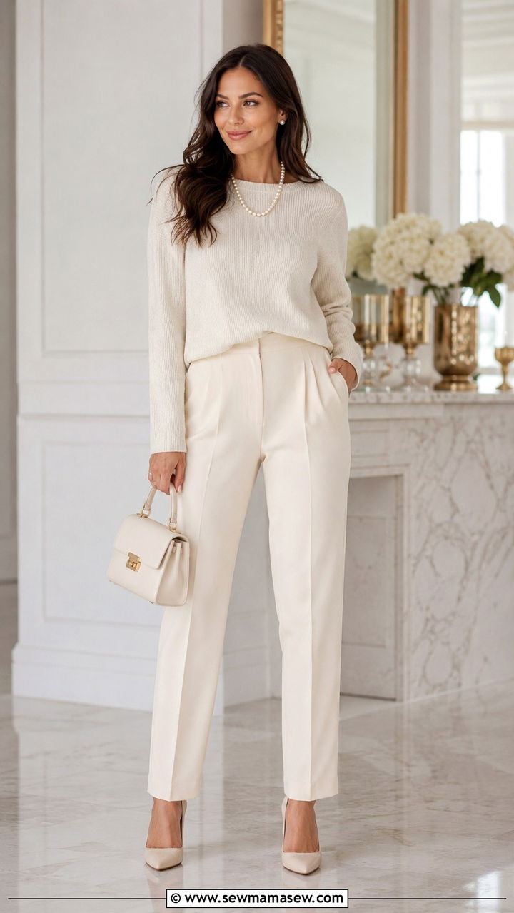 All cream outfit with pearl jewelry outfit - 30 quiet luxury outfits to copy