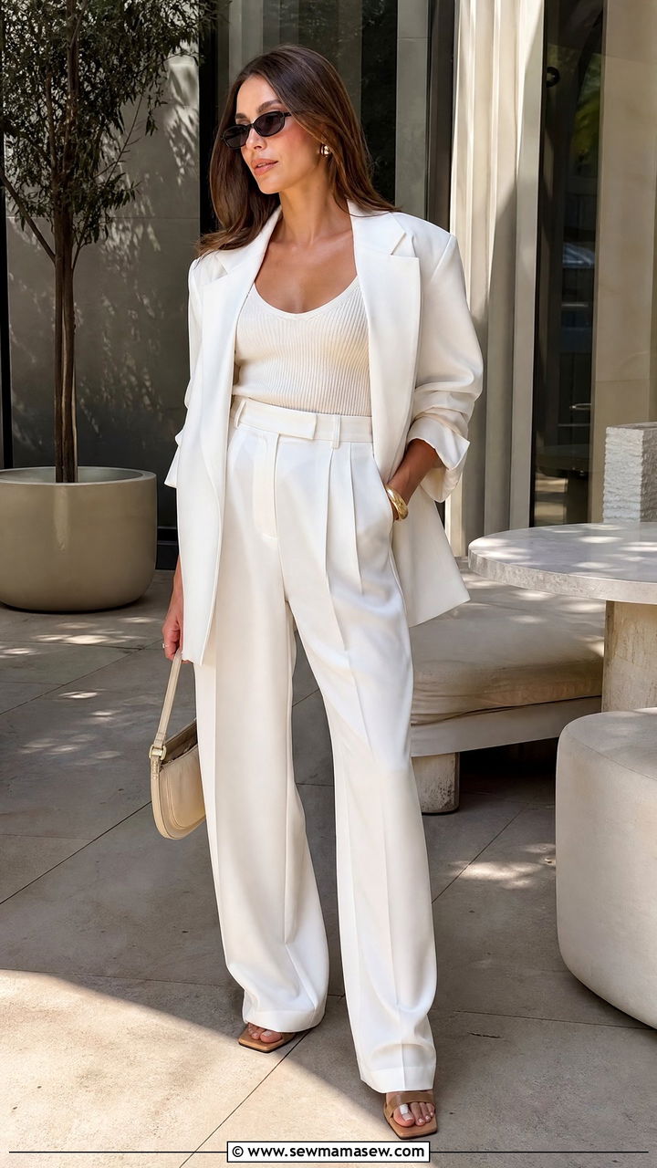 All white blazer trouser and knit tank outfit with neutral accessories - 35 Hailey Bieber spring outfit ideas