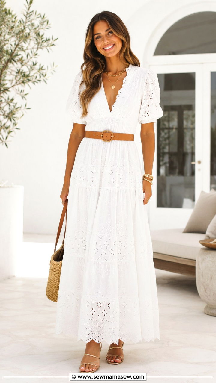 All white eyelet maxi dress with gold accents - 20 Summer 2026 dress trends