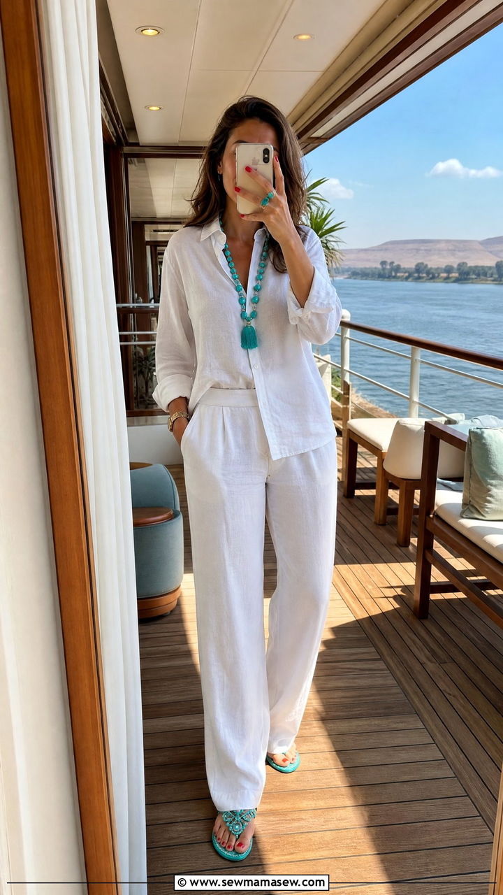 All white linen relaxation set with a pop of turquoise - 30 Nile cruise outfit ideas