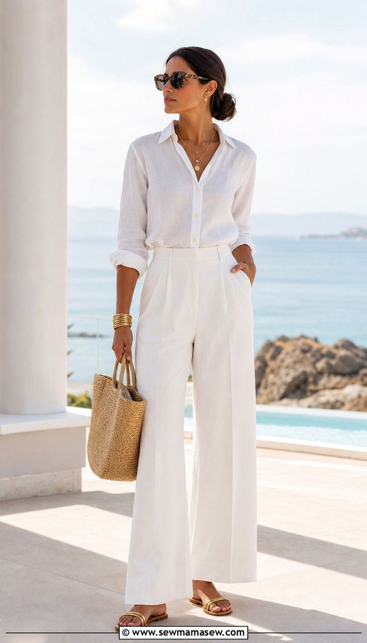 All white monochrome outfit with gold accessories - 25 spring outfits with gold jewelry