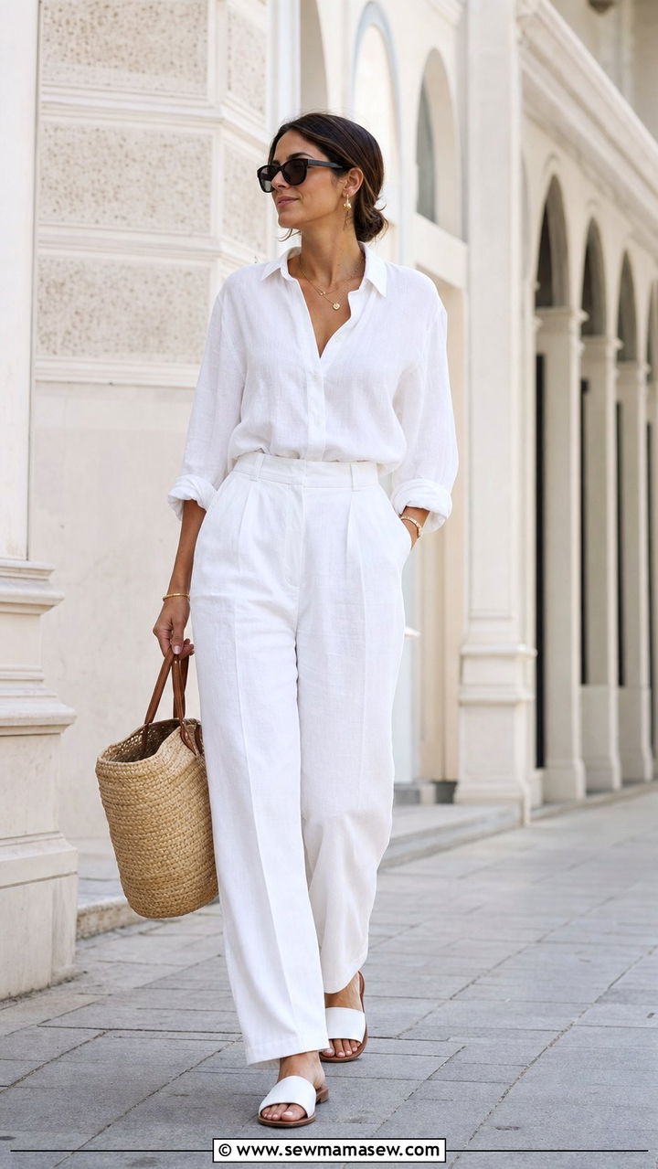 All white monochrome summer outfit - 25 Summer outfits to hide belly fat
