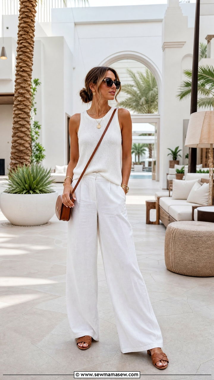 All white outfit and tan accessories for Vegas daytime chic - 40 What to wear in Las Vegas