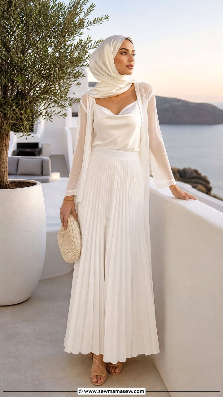 All white pleated maxi skirt with satin camisole and sheer overlay - 25 Vacation outfit ideas Muslim women