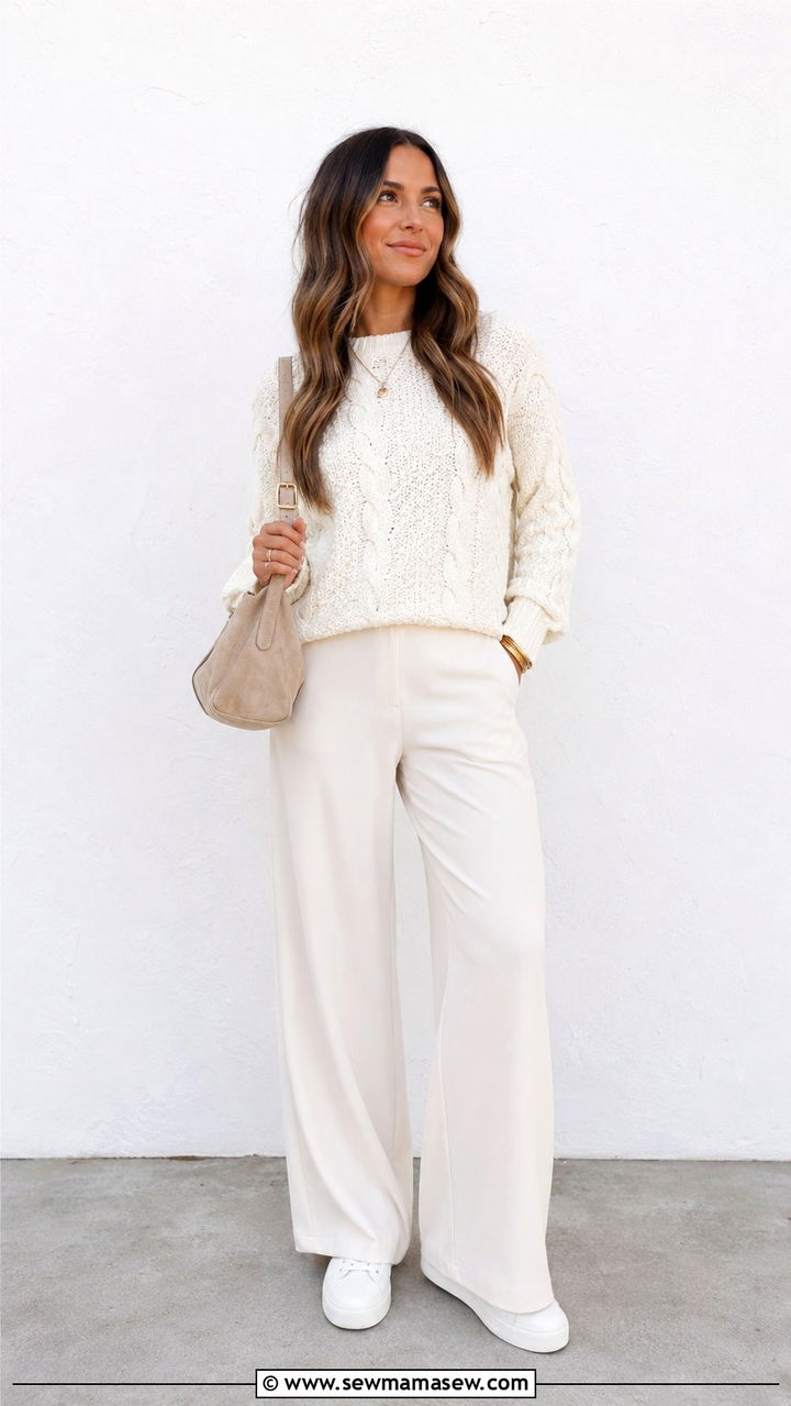 All white spring outfit with textured knit and wide leg pants - 30 Spring minimalist outfits 2026