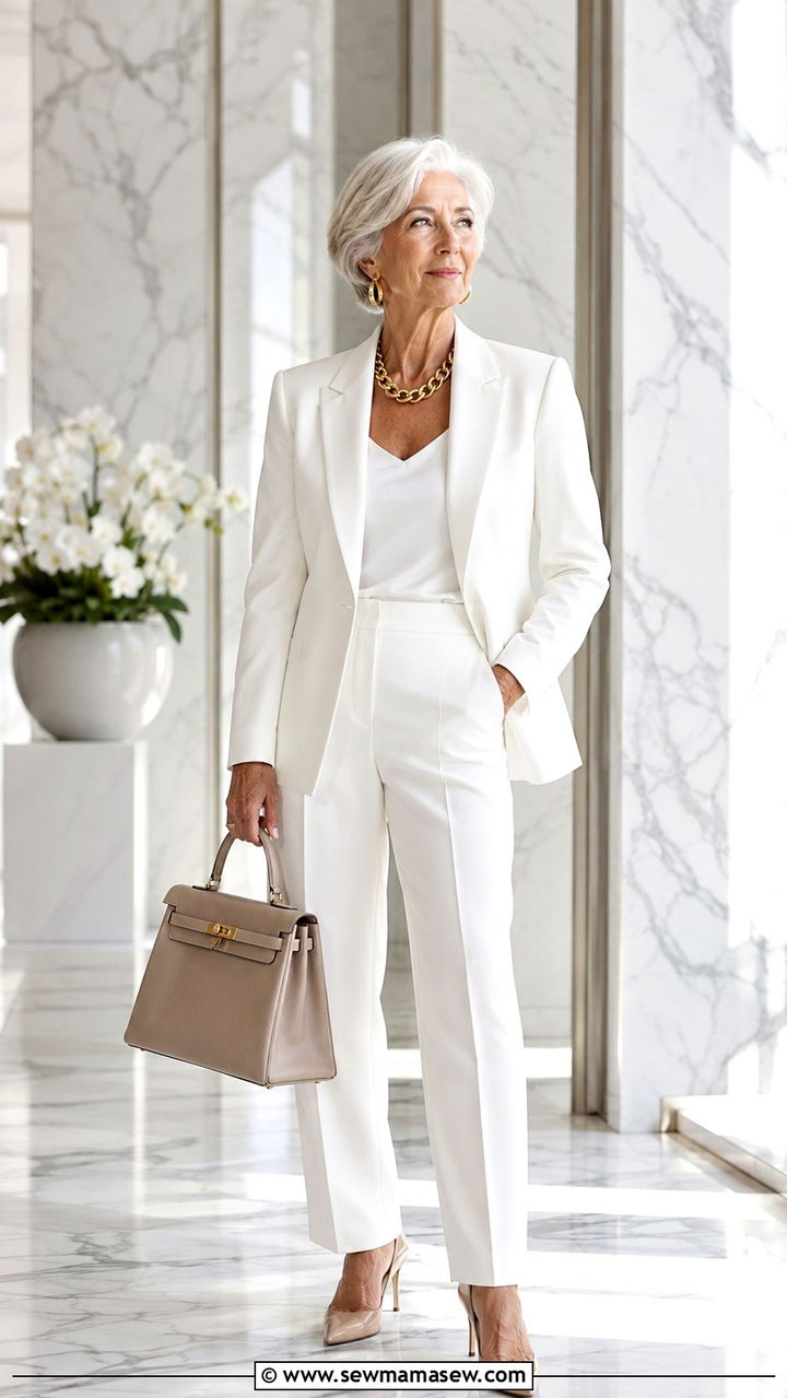 All white tailored pantsuit with gold jewelry - 20 Christine Lagarde style outfit ideas