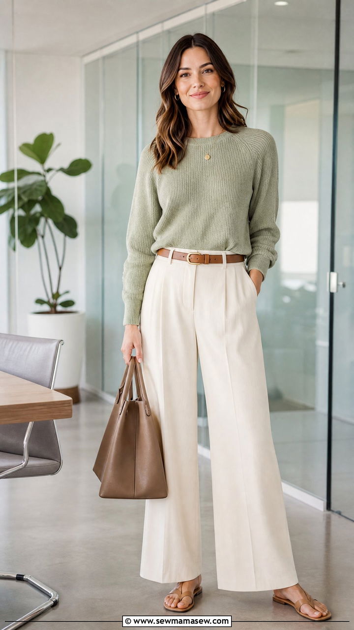 Aloe Green Knit Sweater With Cream Trousers - 30 Confident spring outfit ideas