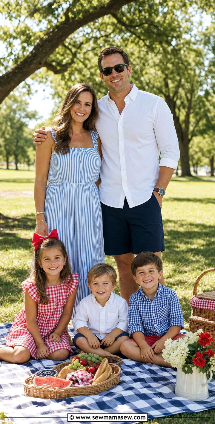 Americana Red White and Blue Family Photo Outfits on a Picnic Blanket - 25 Family photo outfit ideas summer 2026