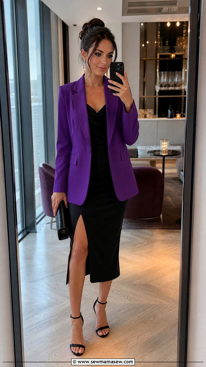 Amethyst purple blazer and black dress - 35 Jewel tone outfit ideas