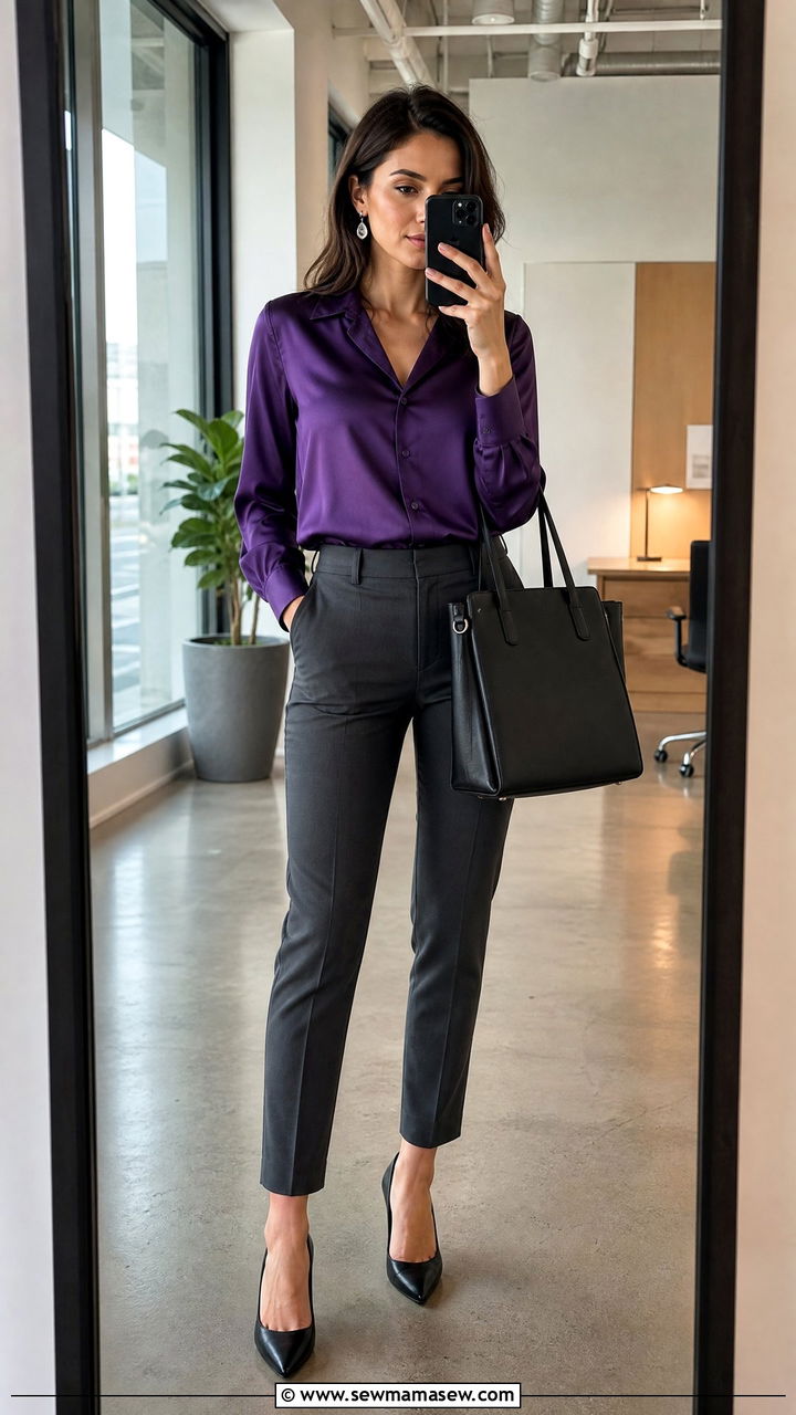 Amethyst purple blouse with charcoal trousers - 35 Jewel tone outfit ideas