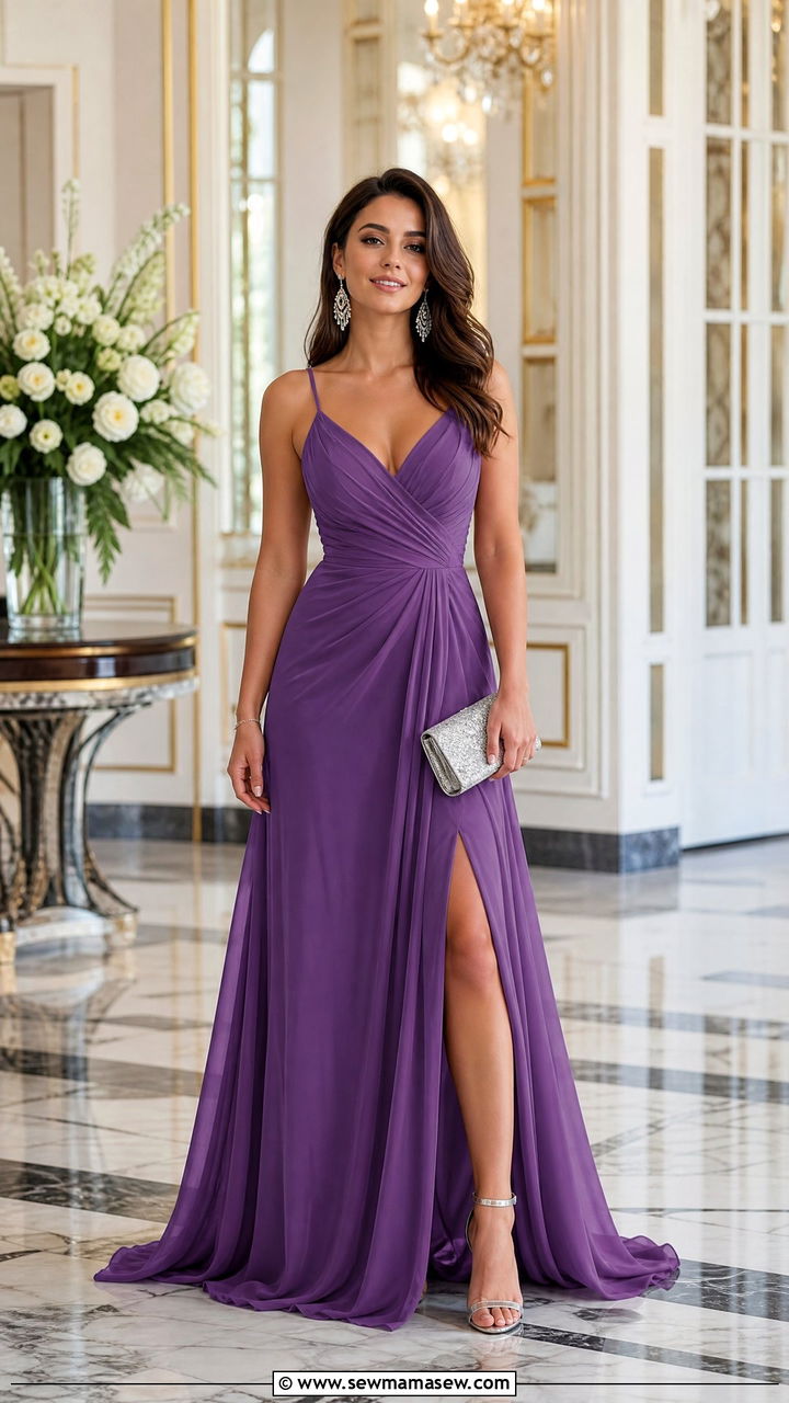Amethyst purple maxi dress with silver clutch - 35 Jewel tone outfit ideas
