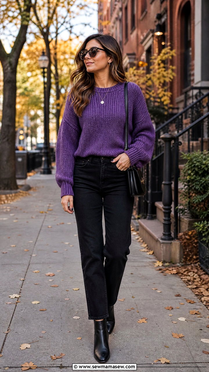 Amethyst purple sweater with black jeans - 35 Jewel tone outfit ideas