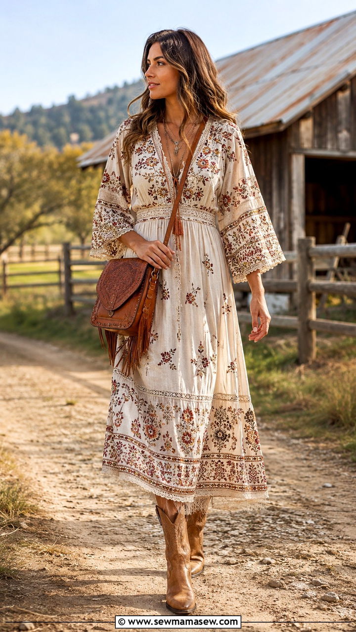 An Embroidered Maxi Dress With Tan Cowboy Boots And A Tooled Leather Crossbody Bag - 30 Boho outfit ideas for travel