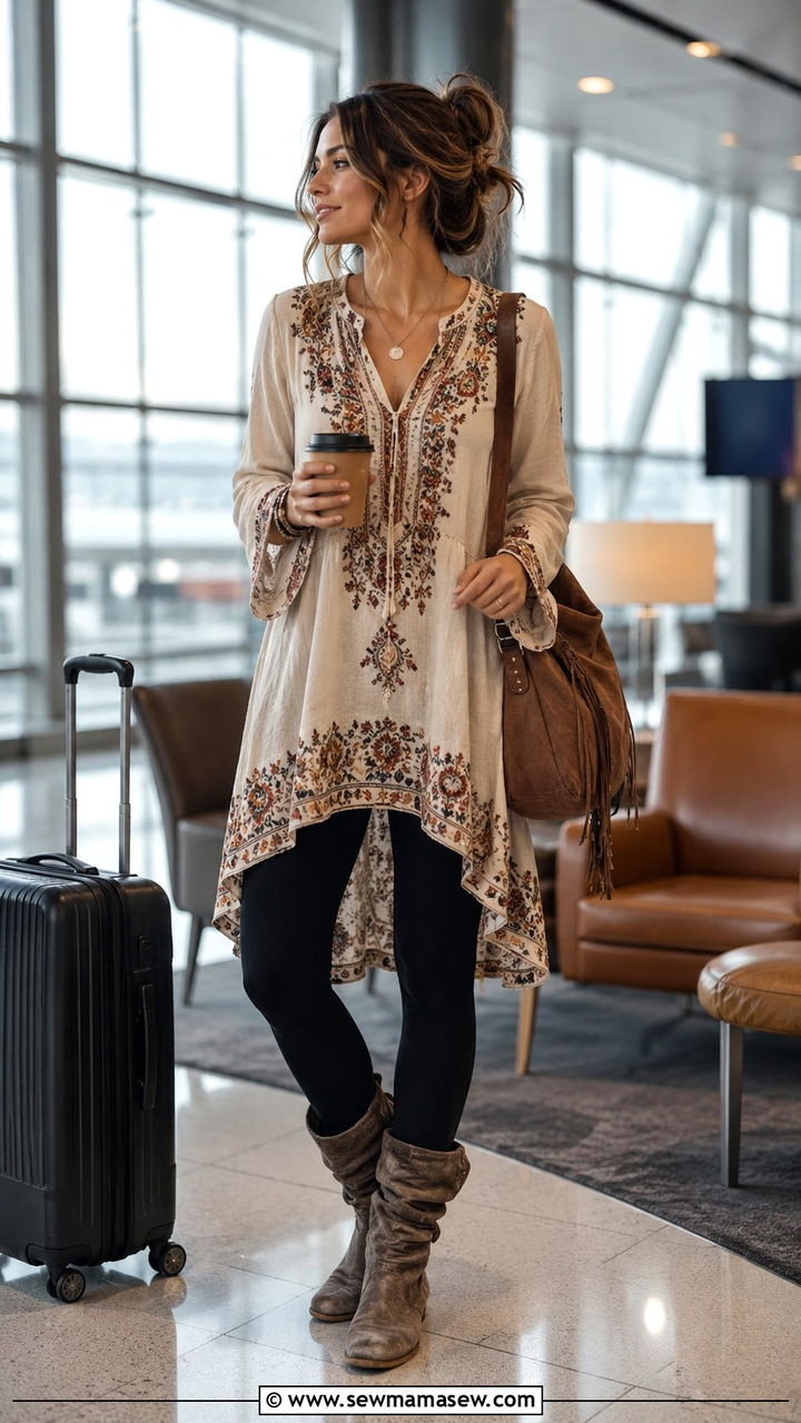 An Embroidered Tunic With Black Leggings And Slouchy Flat Boots - 30 Boho outfit ideas for travel