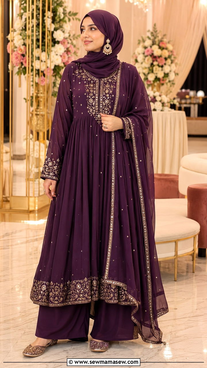 Anarkali Suit With Palazzo Pants - 30 Modest wedding guest outfit ideas for Muslim women