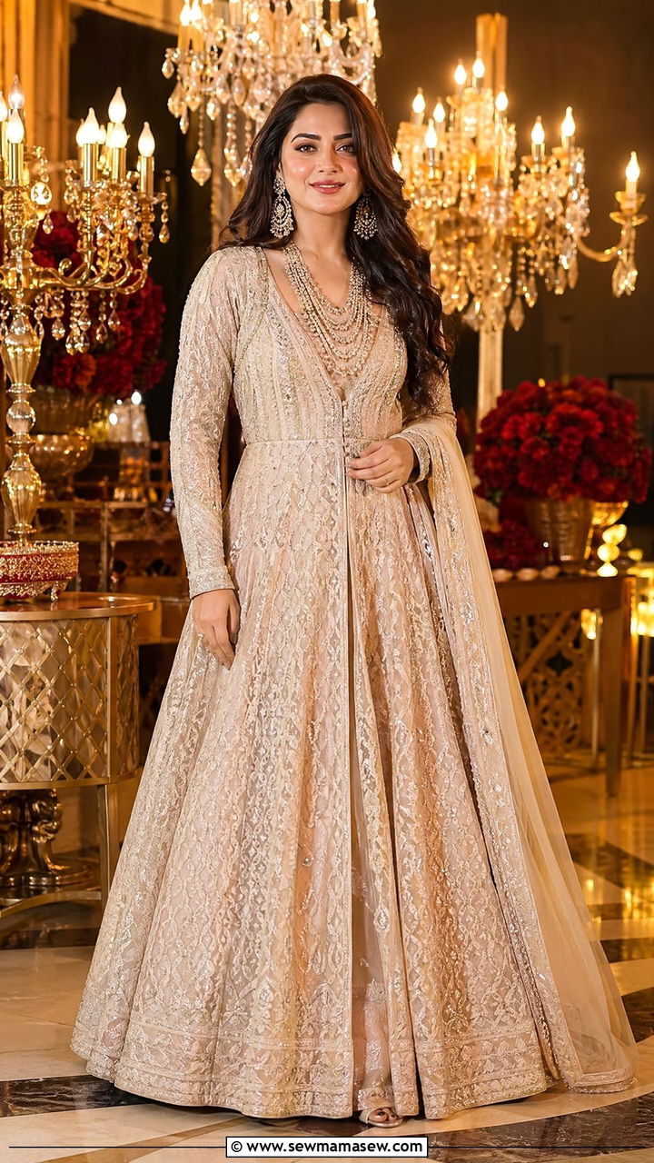 Anarkali gown with layered jewelry - 35 Diwali party outfit ideas