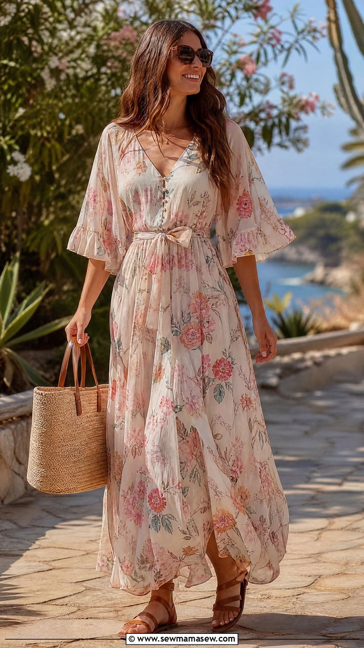 Angel Sleeve Maxi Dress With Flat Sandals - 25 Outfit ideas to flatter arms