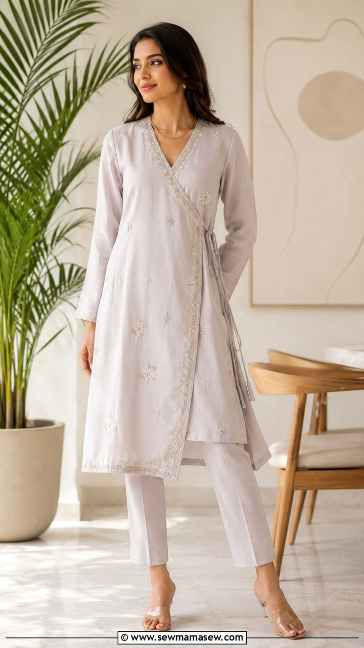 Angrakha Kurti With Straight Pants - 20 Modest outfit ideas for Pakistan