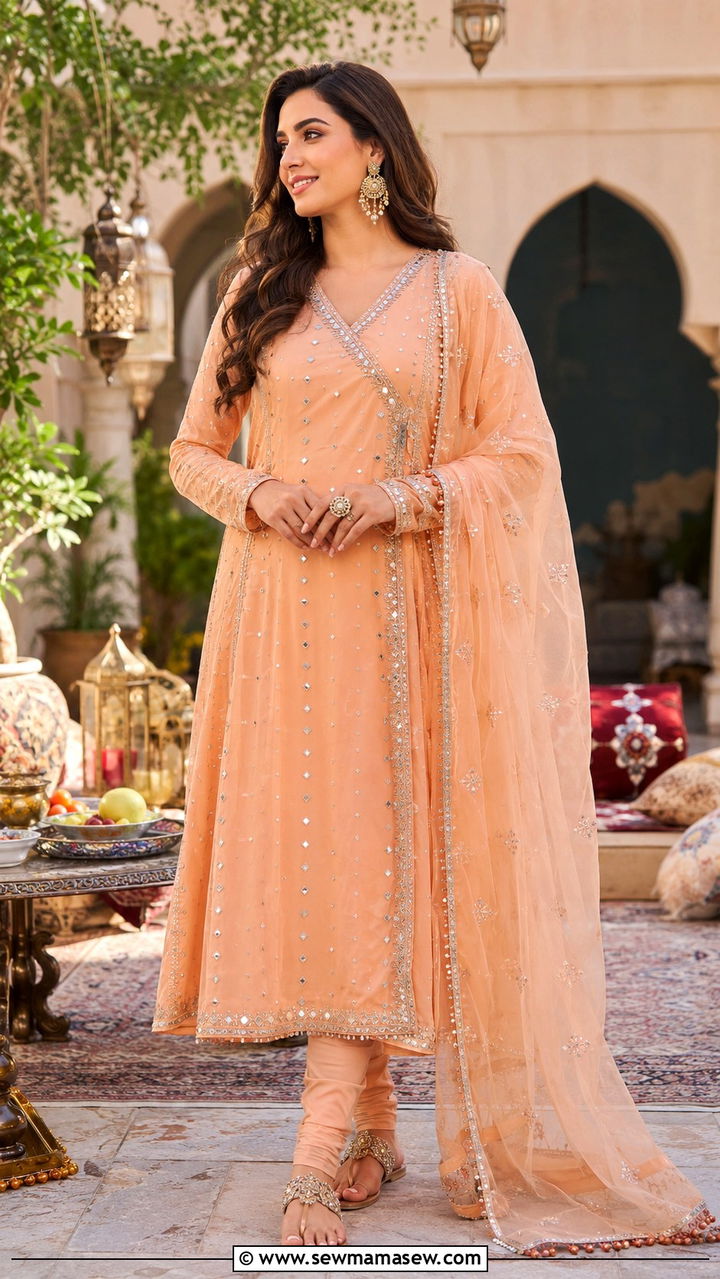 Angrakha Suit with Embroidered Flare - 20 Modest outfit ideas for iftar