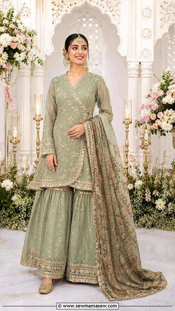 Angrakha frock sharara outfit for Walima - 25 Wedding guest outfit ideas Walima ceremony