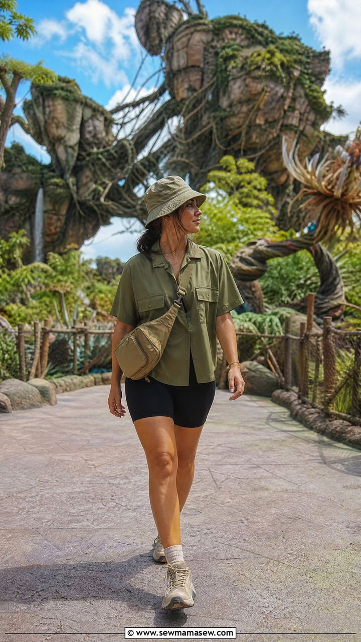 Animal Kingdom outfit with safari shirt and bike shorts - 40 What to wear in Disney World
