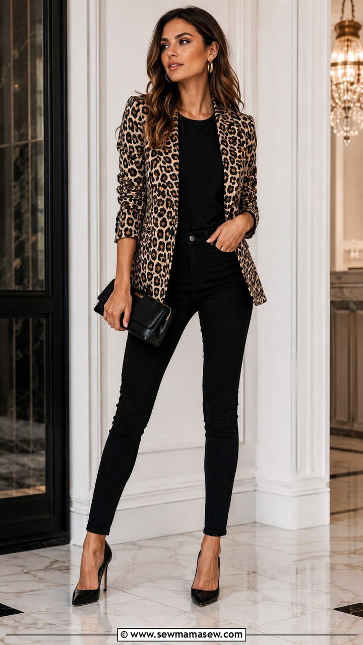Animal Print Blazer with Black Skinny Jeans - 30 Skinny jeans outfit ideas with a blazer