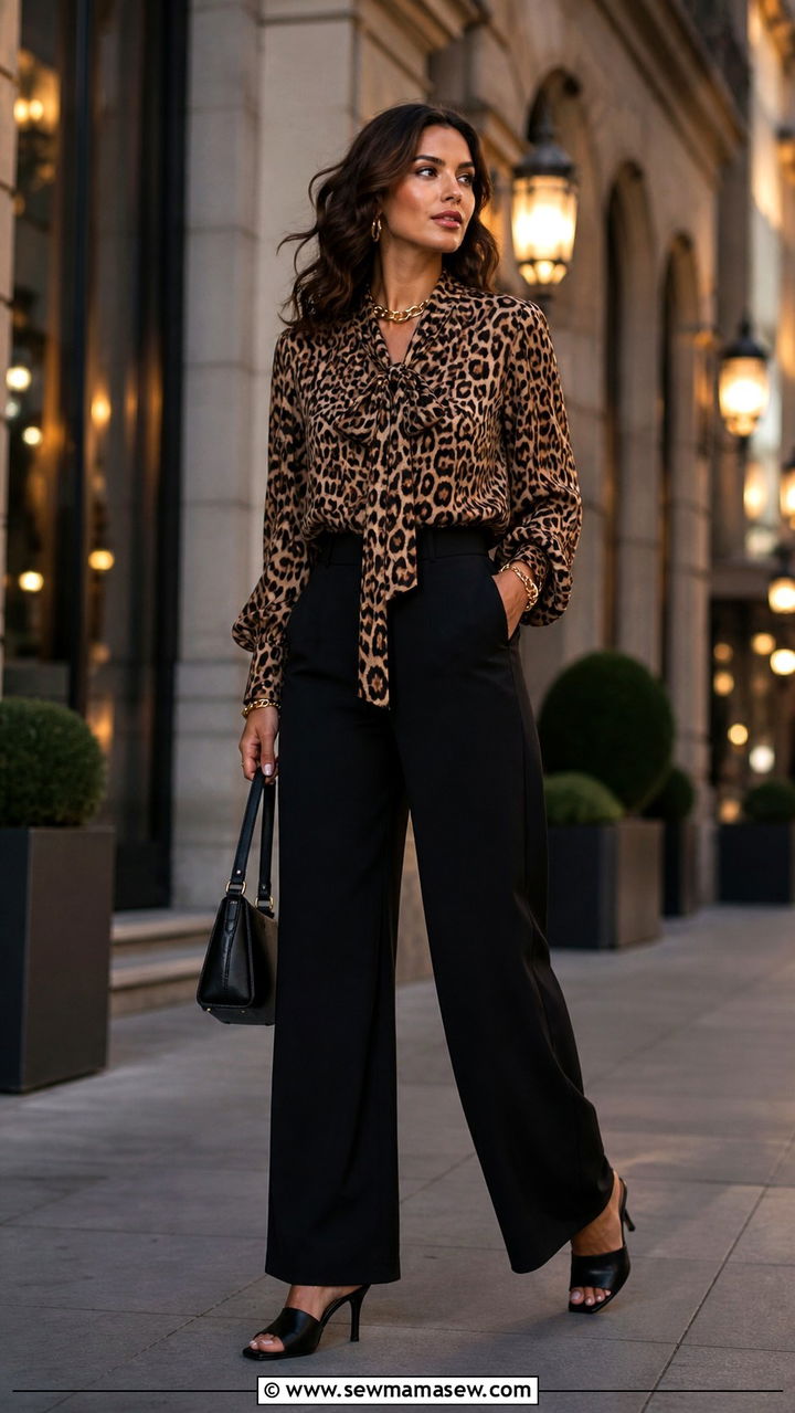 Animal Print Blouse With Black Wide Leg Trousers - 40 Chic spring outfit ideas 2026