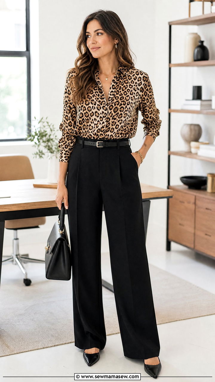 Animal Print Blouse With Neutral Wide Leg Pants - 35 Modern business casual outfits