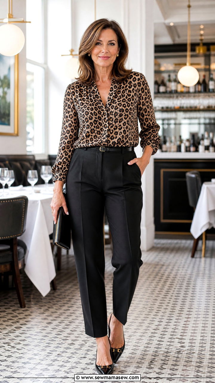 Animal Print Blouse and Tailored Trousers Outfit - 25 Brunch outfit ideas for women over 40