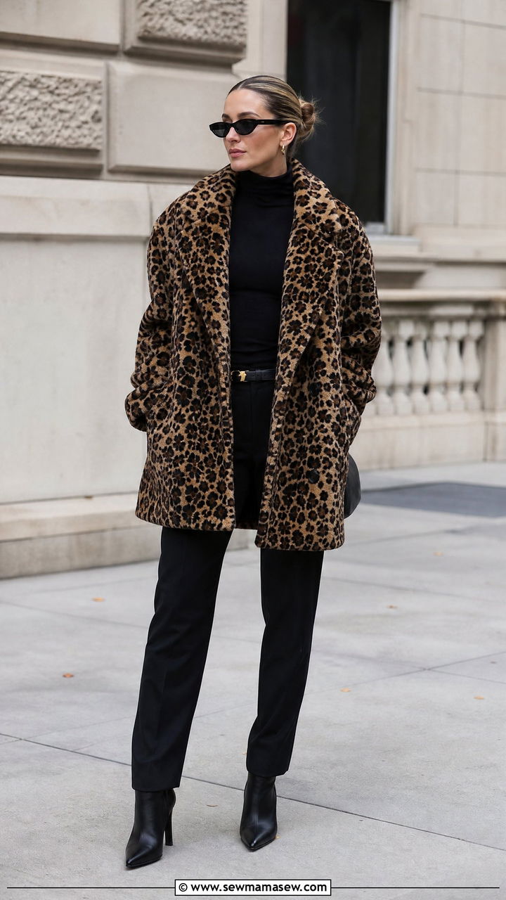 Animal Print Coat and All Black Outfit - 30 Fashion show outfit ideas
