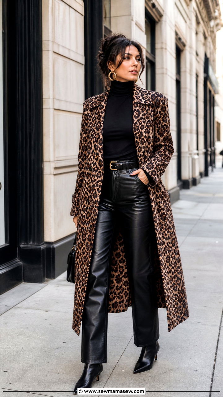 Animal Print Coat with Leather Pants Outfit - 35 maximalist outfits aesthetic