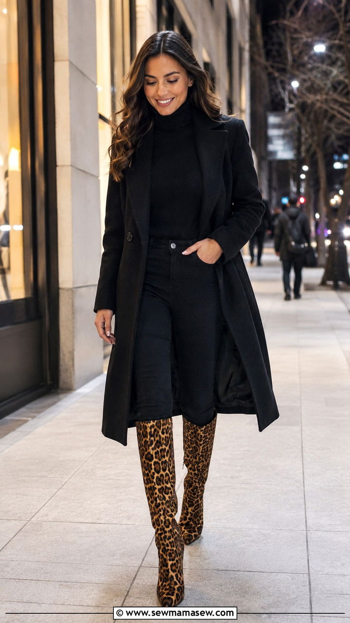 Animal Print Knee High Boots With An All Black Outfit - 30 Knee high boot outfit ideas