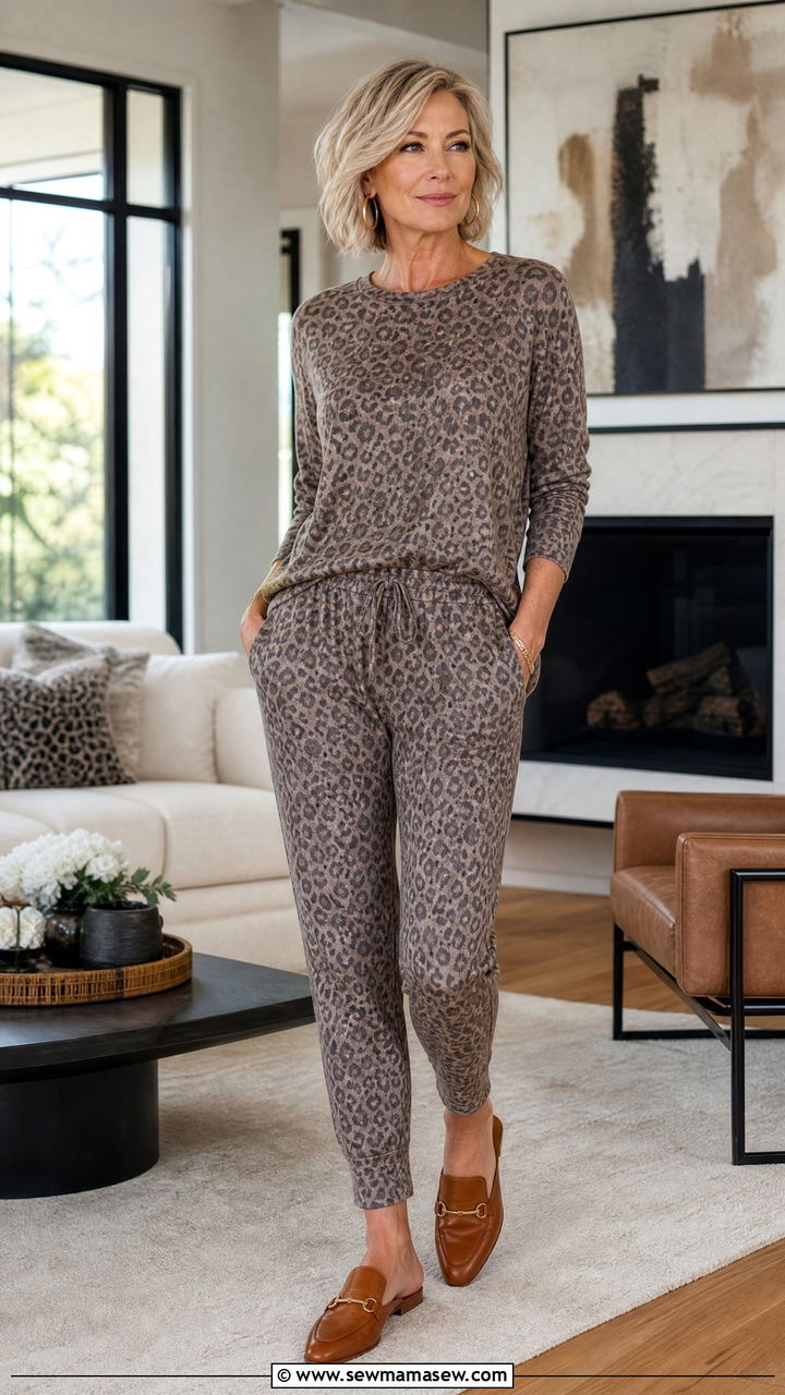 Animal Print Lounge Set With Mules - 25 Loungewear outfit ideas for women over 50
