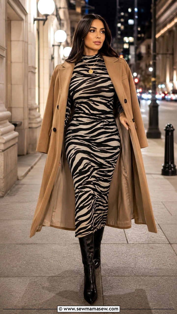 Animal Print Midi Dress and Tall Leather Boots Outfit - 25 2026 fashion must haves