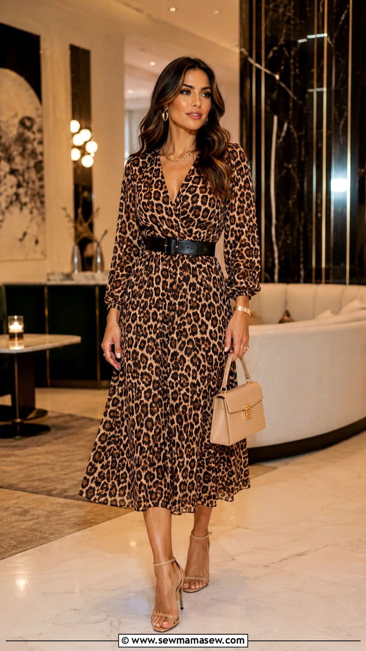 Animal Print Midi Dress with Solid Leather Belt and Neutral Heels - 30 Midi dress outfit ideas with a belt