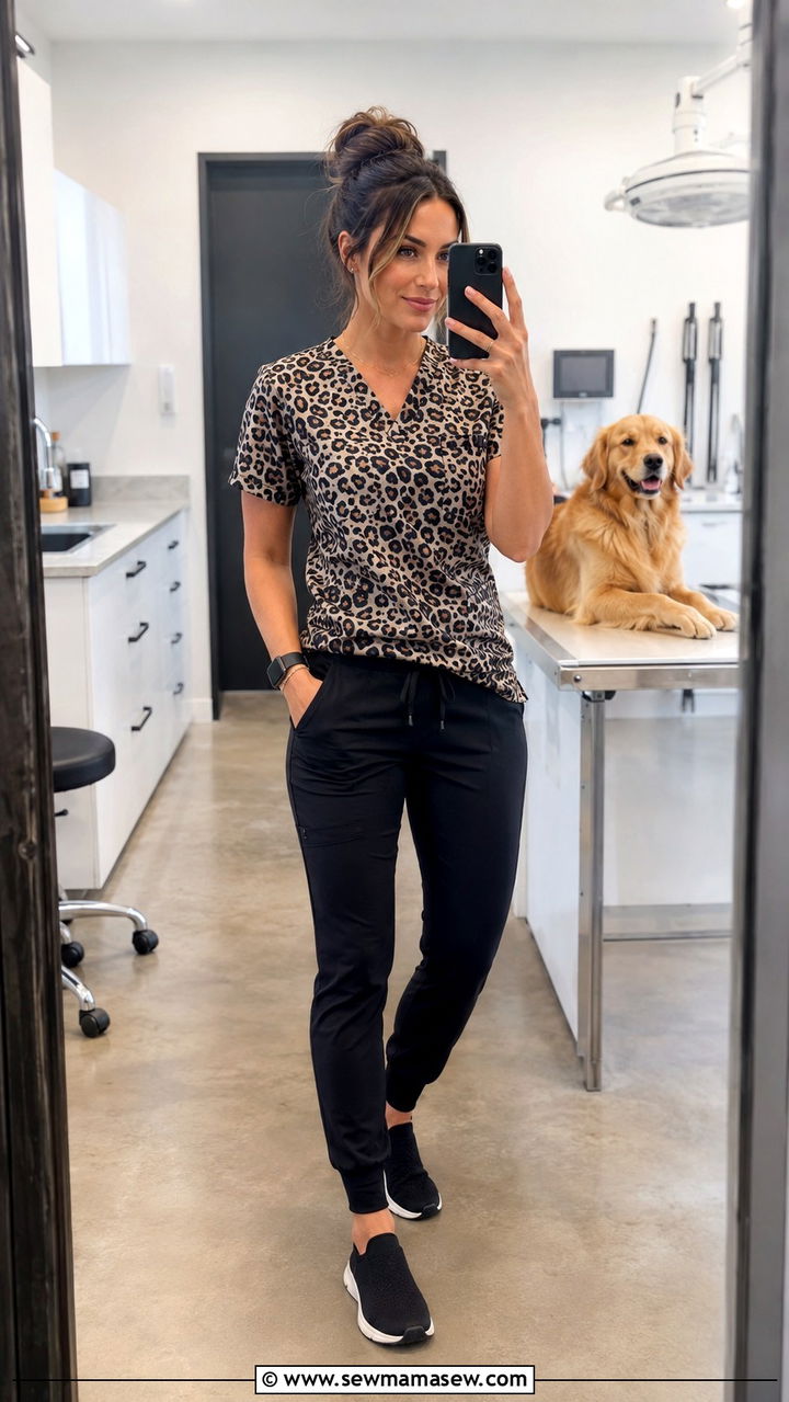 Animal Print Scrub Top With Black Joggers - 25 Veterinarian outfit ideas